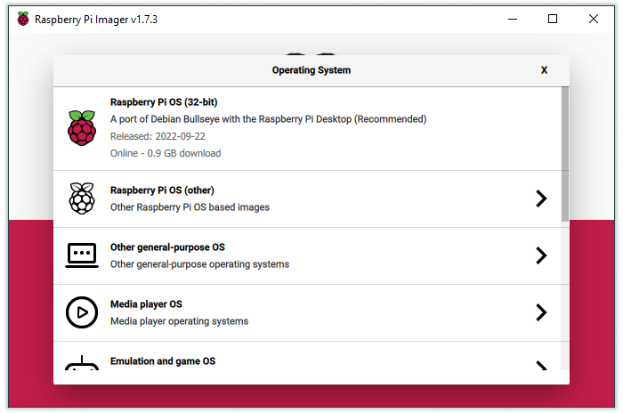choose os screen of Raspberry Pi Imager v1.73
