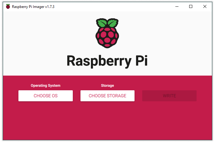 Start screen of Raspberry Pi Imager v1.73